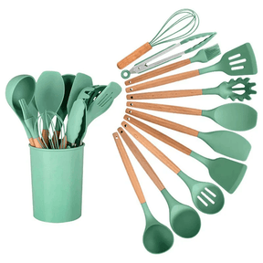 Kit Utensílios de Silicone com Cabo de Madeira - BStocker (12 Peças)