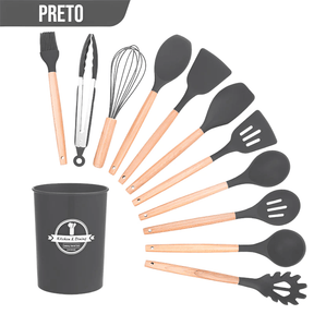 Kit Utensílios de Silicone com Cabo de Madeira - BStocker (12 Peças)